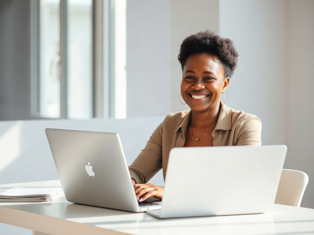 Confident adult learner building digital literacy skills on a laptop